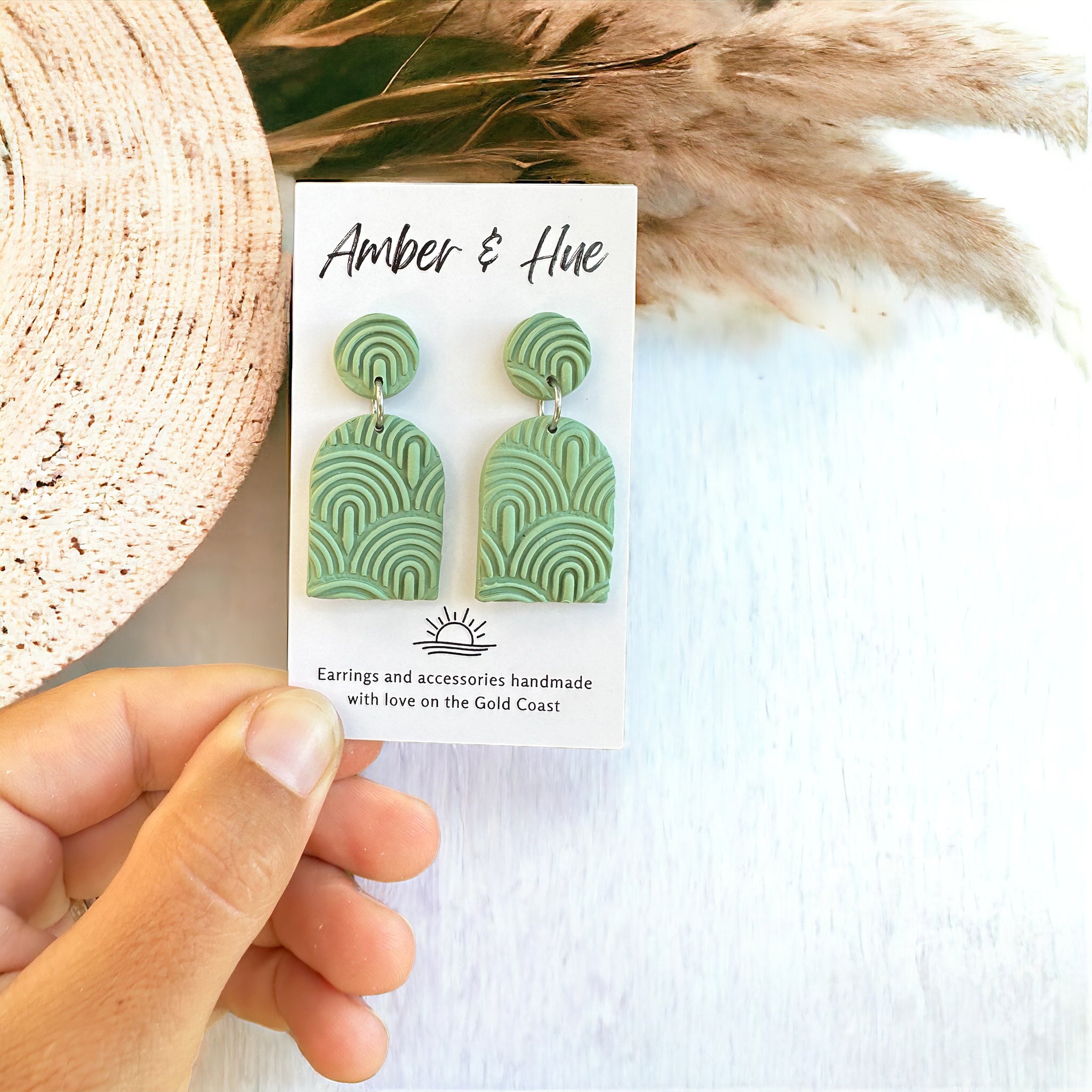 Sage Green Textured Arch Dangle Earrings