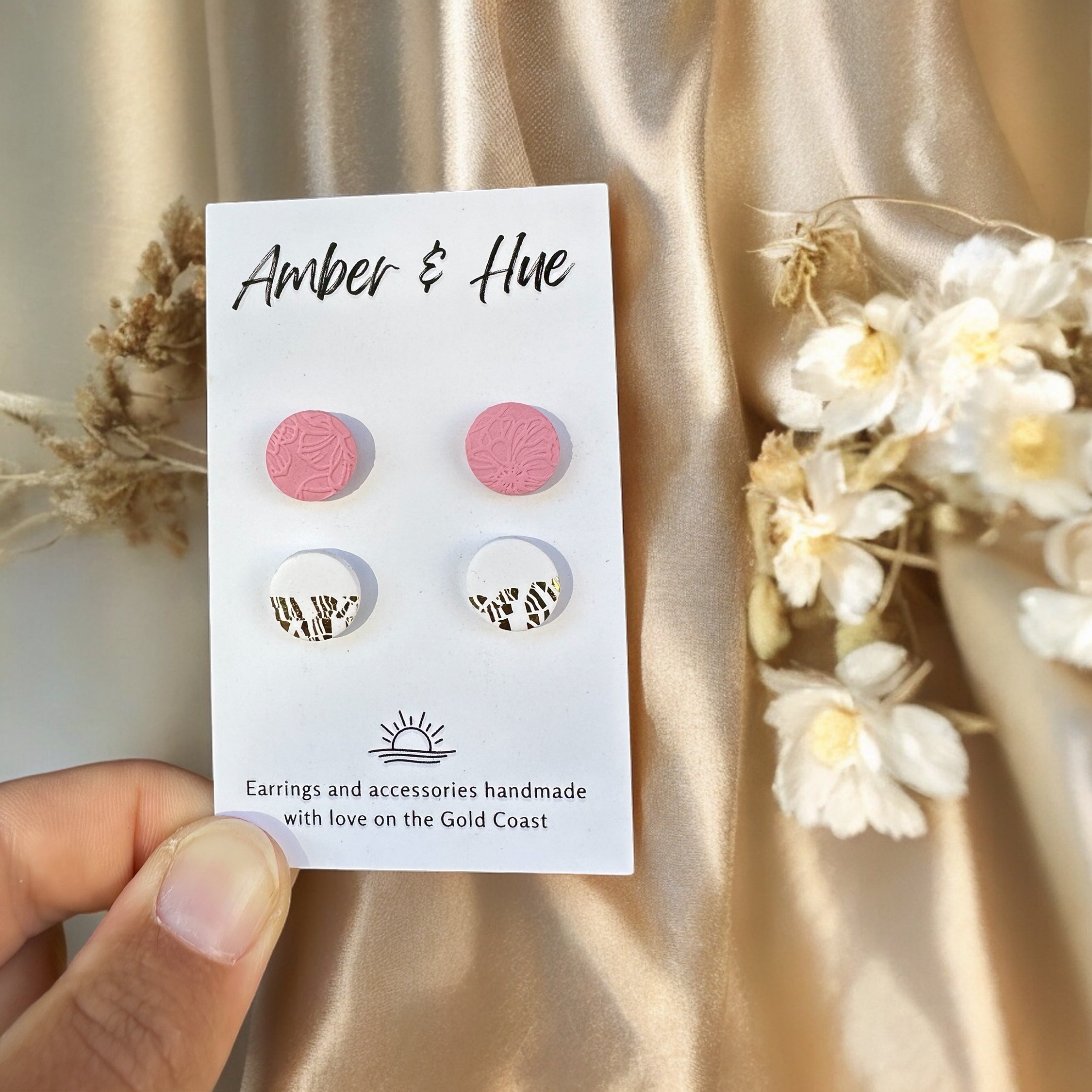 Stud Pack: Pink Floral Imprint and White Gold Leaf