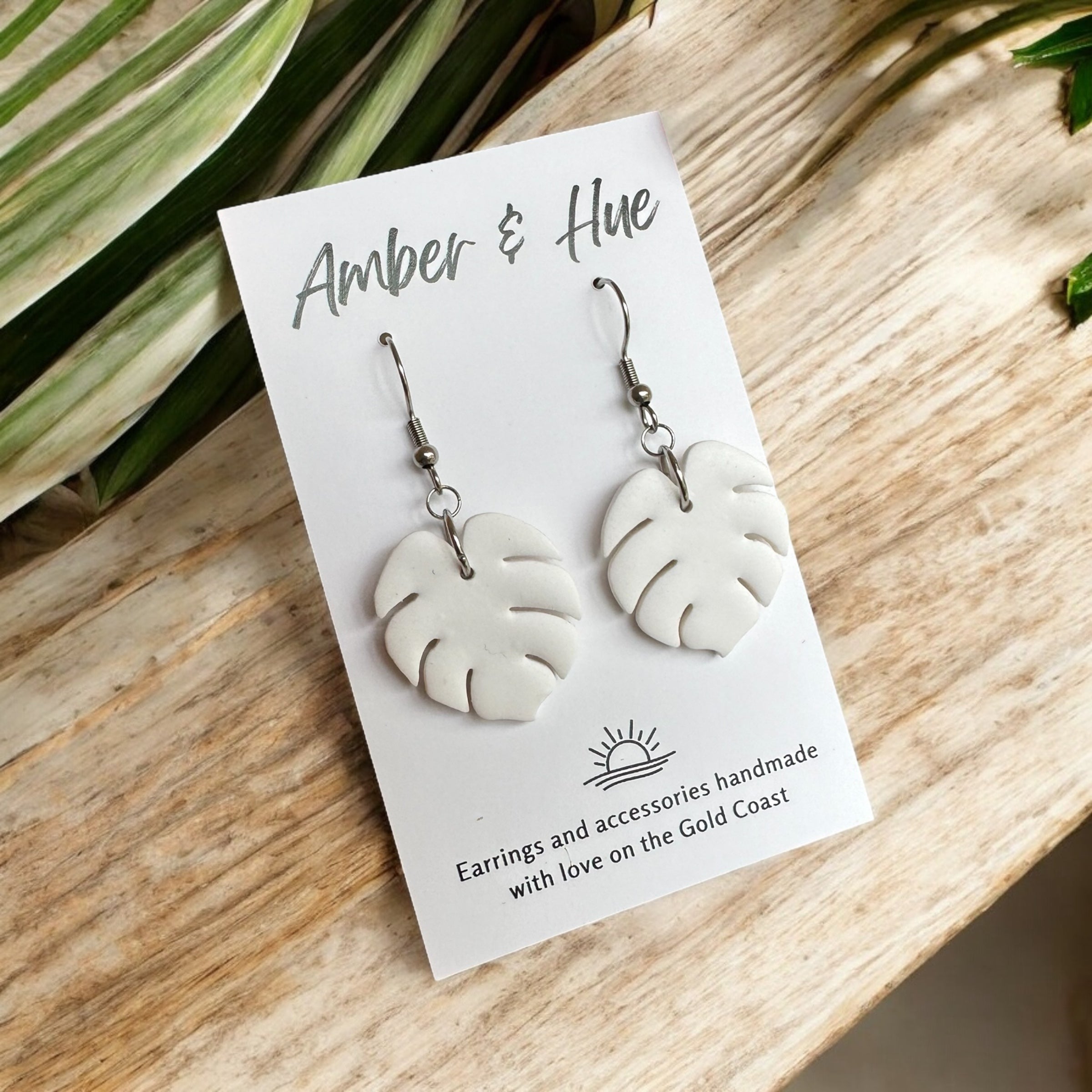 White Monstera Leaf Dangle Earrings