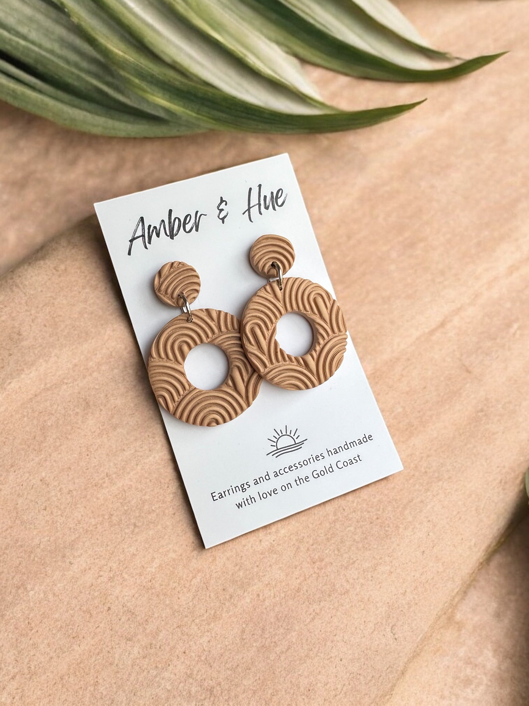 Tan Textured Hoop Dangle Earrings
