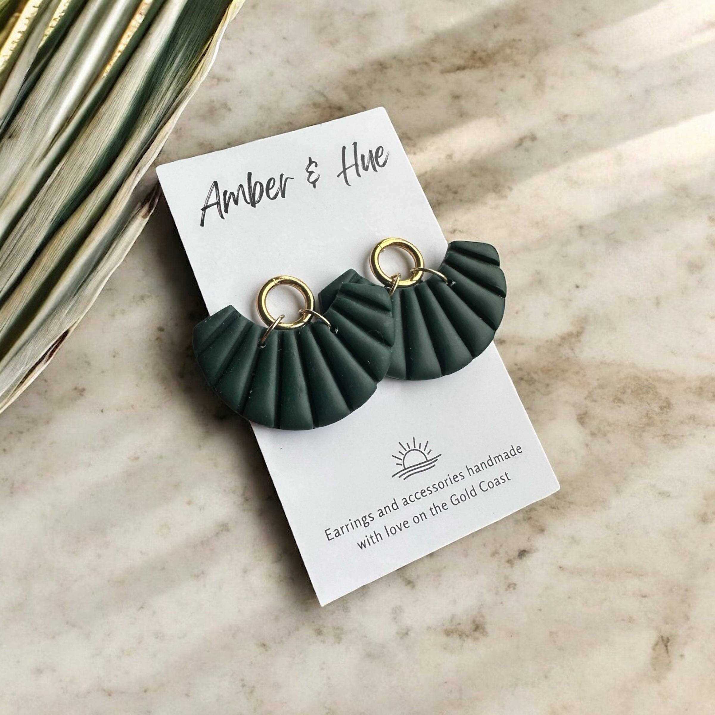 Bottle Green Fan Dangle Earrings with Gold Ring Stud Post
