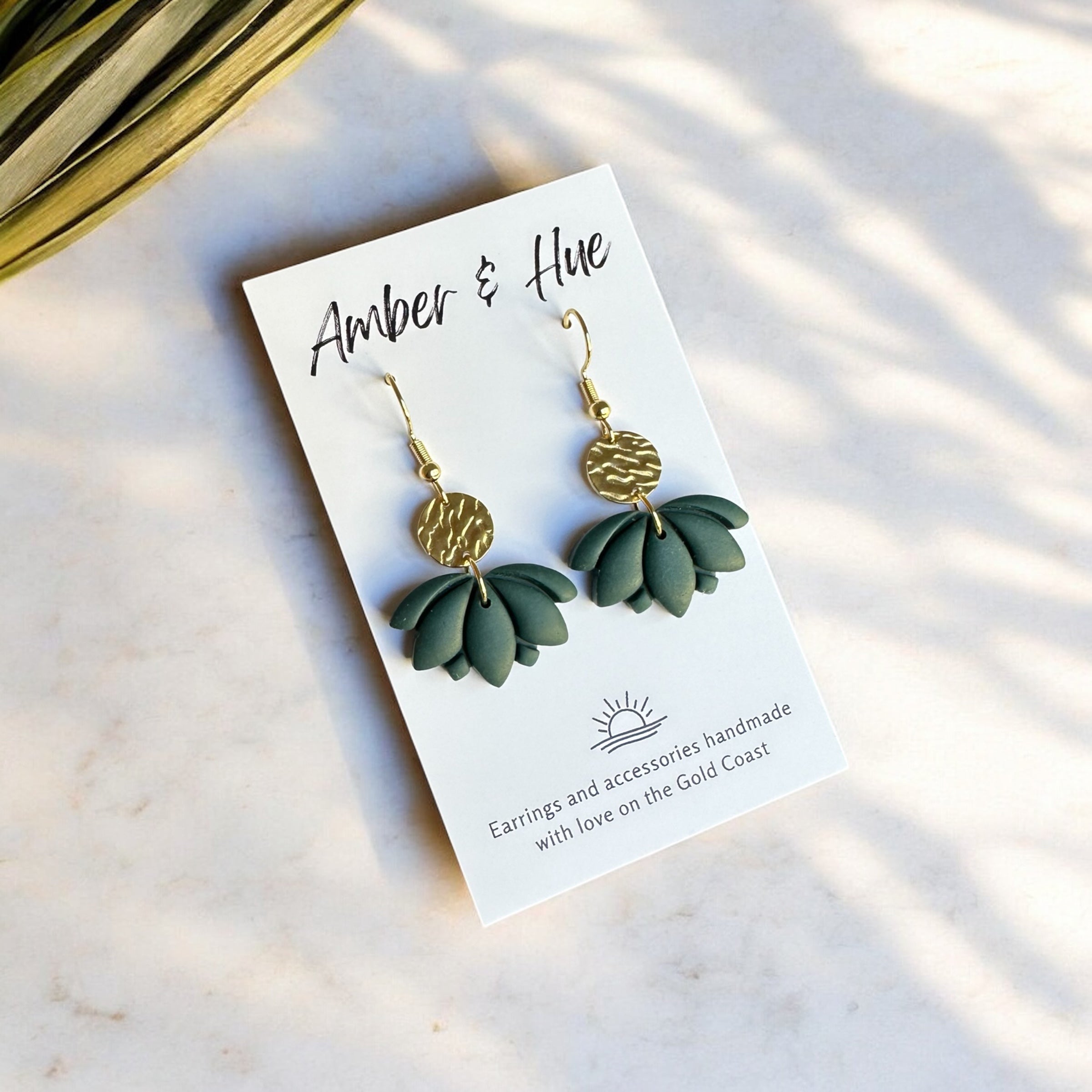 Bottle Green and Gold Dainty Disk Lotus Hook Earrings