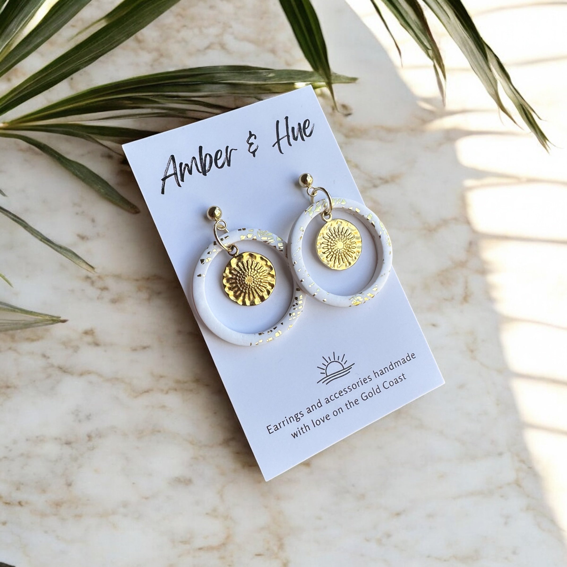 White and Gold Sun Disk Hoop Earrings