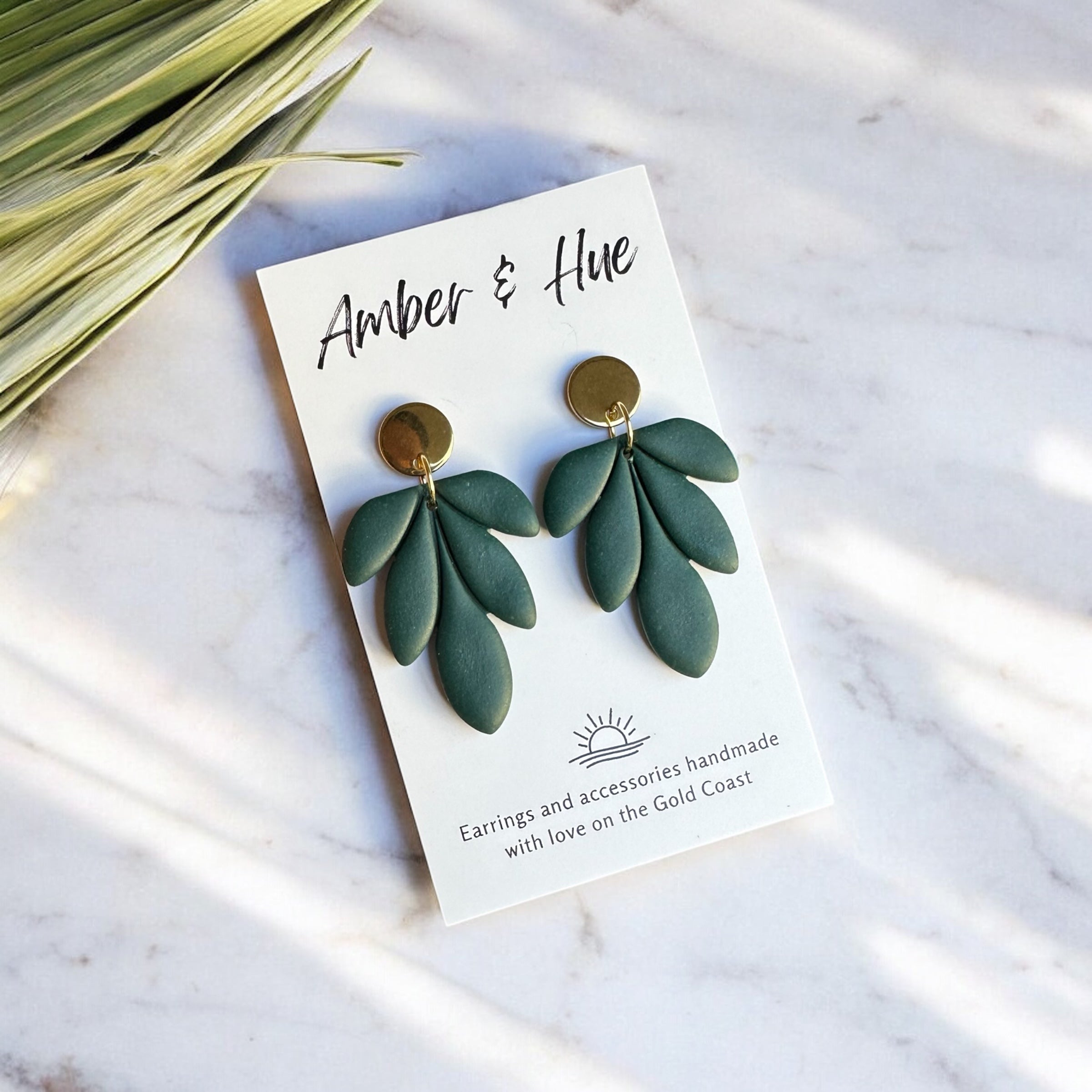 Bottle Green and Gold Flower Dangle Earrings